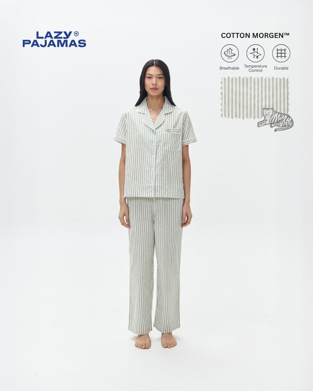 LAZY Morgen Pajamas Set - Sage Stripes | Piyama | Baju Tidur